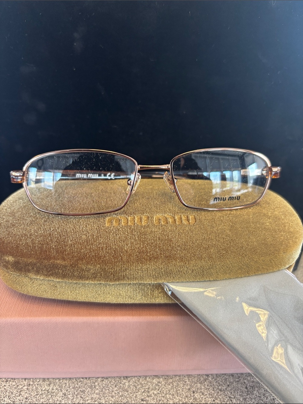 Miu Miu Slim Rectangular RX Eyeglasses in Rose Gold Metal
